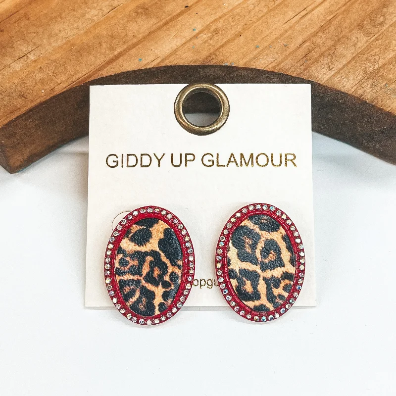 Silver and Gold Hoop Earrings-Oval Leopard Print Studs in Red with AB Crystals