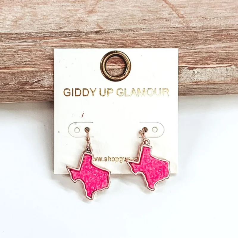 Classic Crystal Drop Earrings-Druzy Texas Shaped Dangle Earrings in Neon Pink