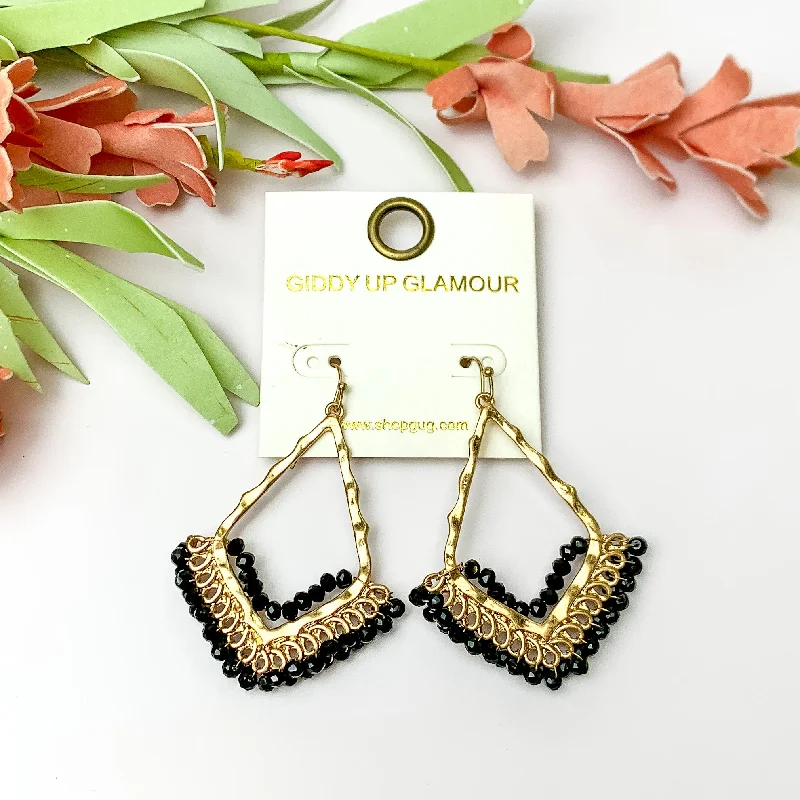 Custom Drop Earrings for Women-Black Crystal Beads Bordering Open Drop Gold Tone Earrings