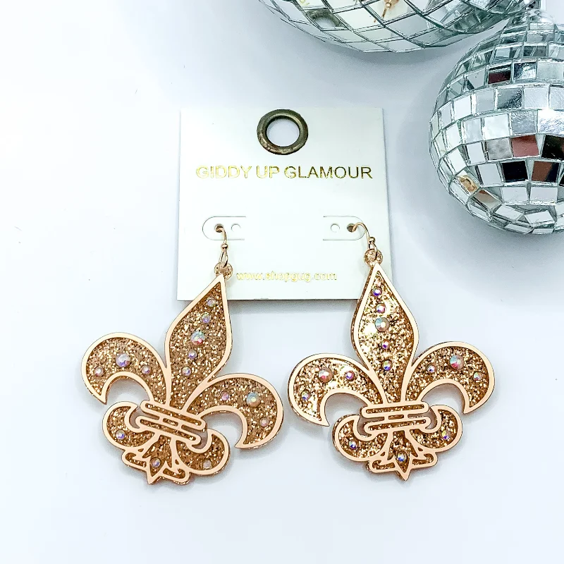 Luxury Hoop Earrings-Glitter Fleur De Lis Earrings with AB Crystals in Gold Tone