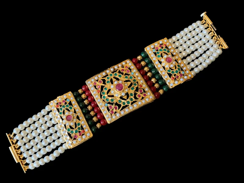 Chunky Leather Bracelets for Women-B67 Saira jadau bracelet in navratan with ruby green beads     ( READY TO SHIP )