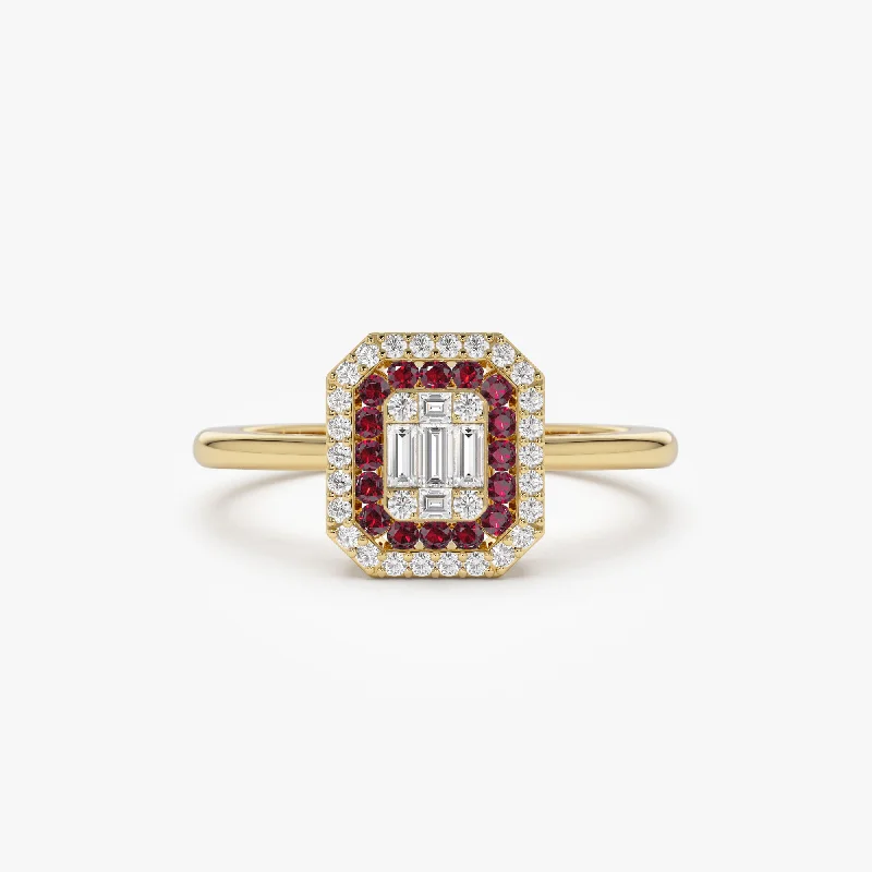 Birthstone Engagement Rings for Men-14k Baguette and Round Ruby Ring with Halo Setting