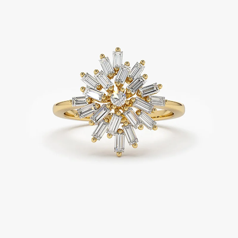 Unique Engagement Rings with Gemstones-14K Ballerina Baguette Diamond Cluster Ring