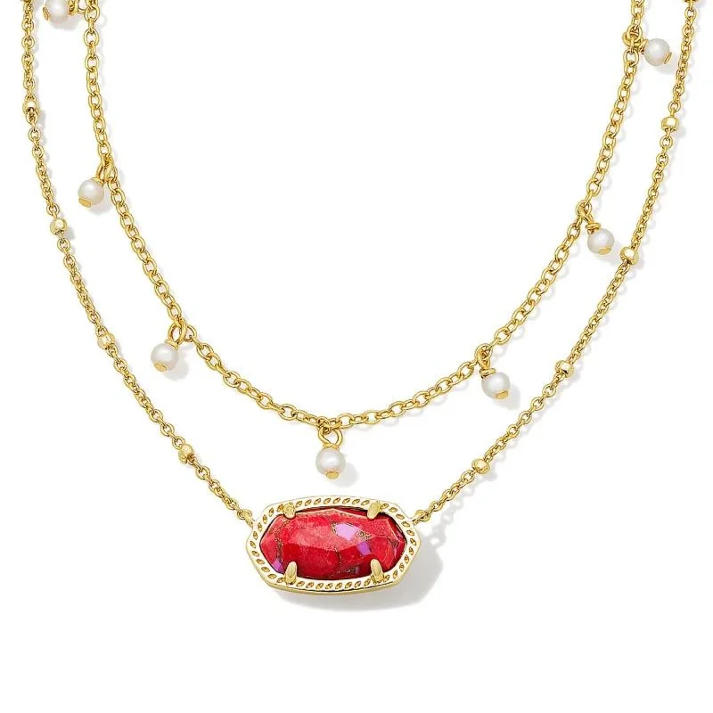 Crystal and Pearl Earrings-Kendra Scott | Elisa Gold Pearl Multi Strand Necklace in Bronze Veined Red Fuchsia Magnesite