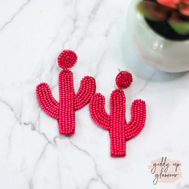 Stylish Pearl Drop Earrings-Seed Bead Cactus Earrings in Fuchsia