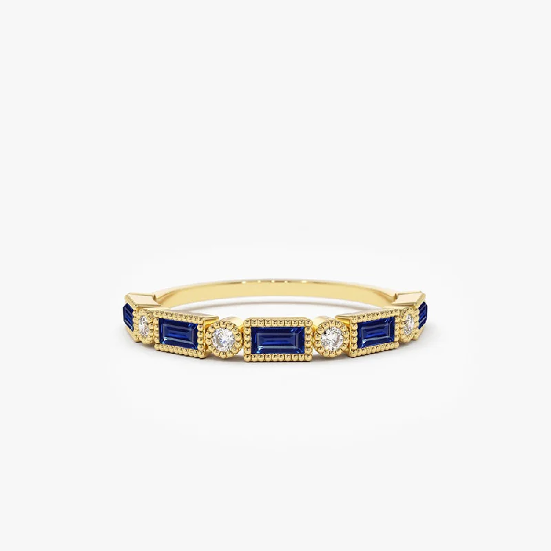 Simple Promise Rings with Personalization-14k Sapphire Baguette and Diamond Ring