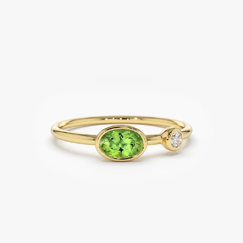 Vintage Gold Engagement Rings-14k Gold Oval Peridot  and Diamond Ring