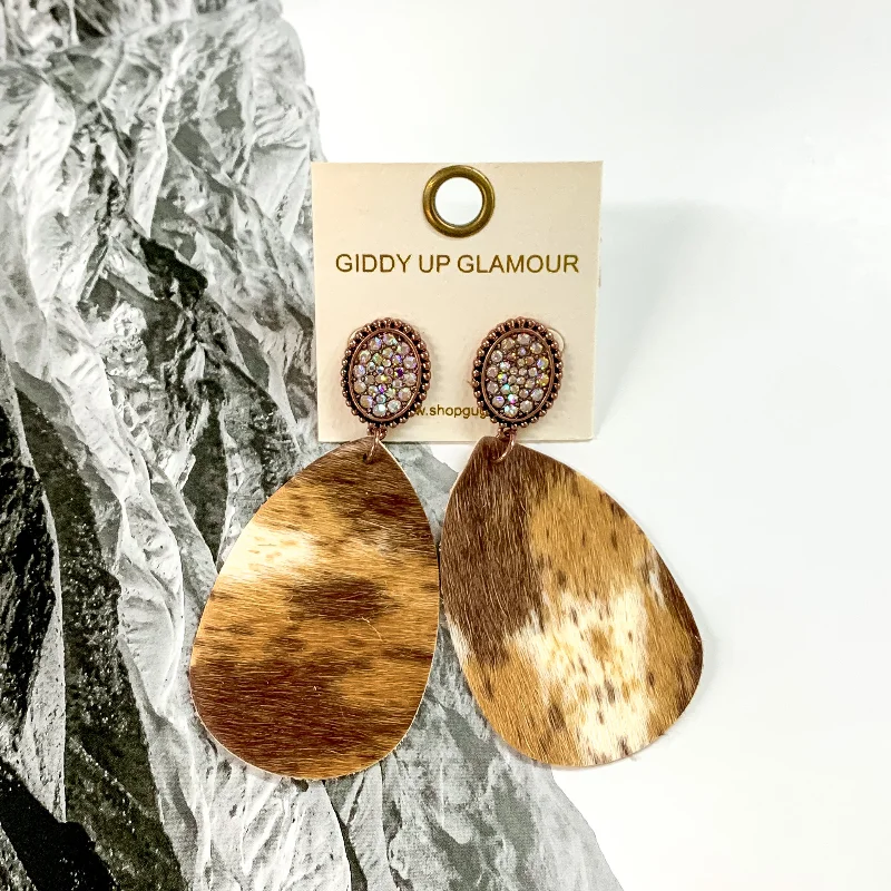 Minimalist Crystal Earrings-AB Crystal Copper Tone Stud Earrings with Hanging Teardrop in Brown, Tan, and Ivory Cow Print