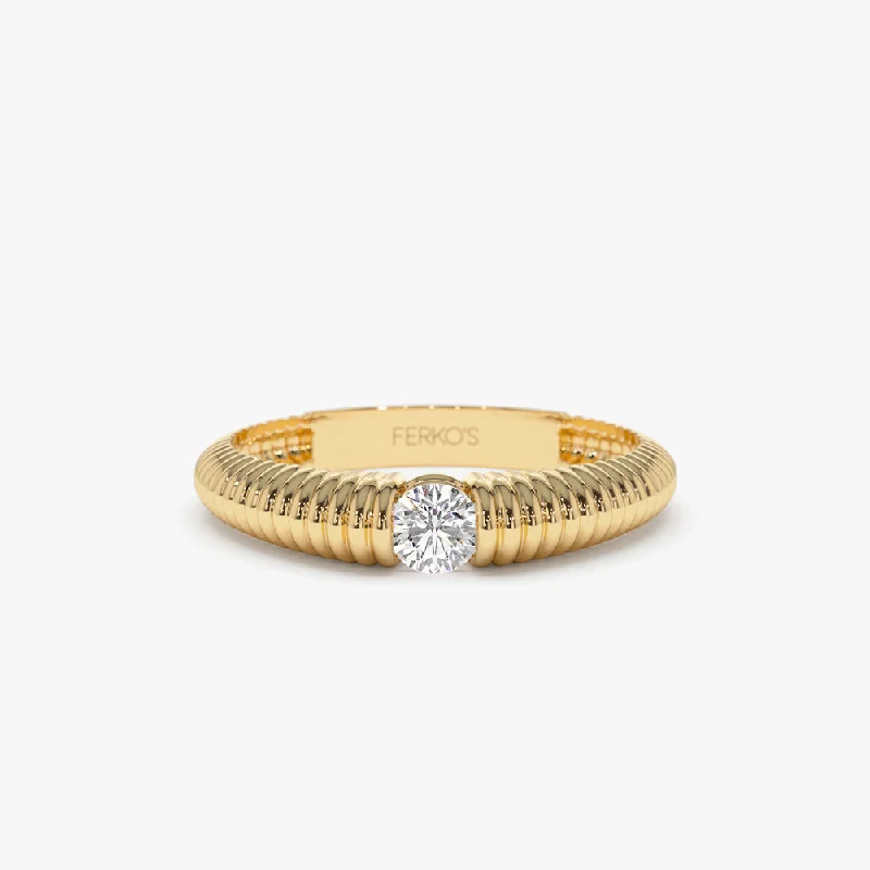 Simple Diamond Promise Rings-14k Gold Ribbed Gold Solitaire Diamond Ring