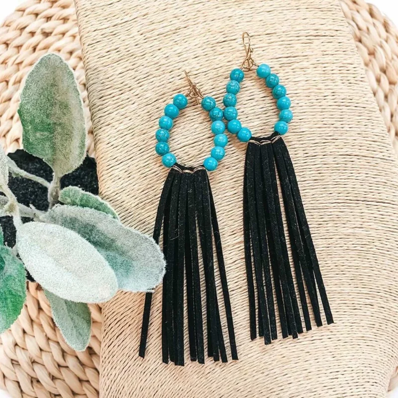 Geometric Hoop Drop Earrings-Turquoise Beaded Hoop Earrings with Black Tassels