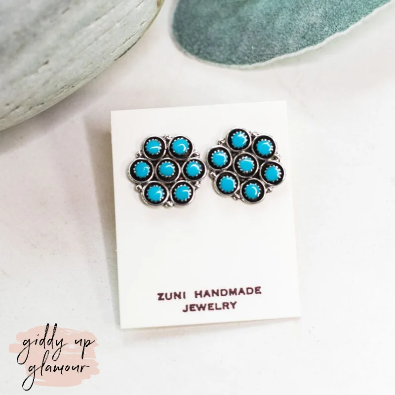 Personalized Gold Earrings-Zuni | Zuni Handmade 7 Point Sleeping Beauty Turquoise Flower Stud Earrings