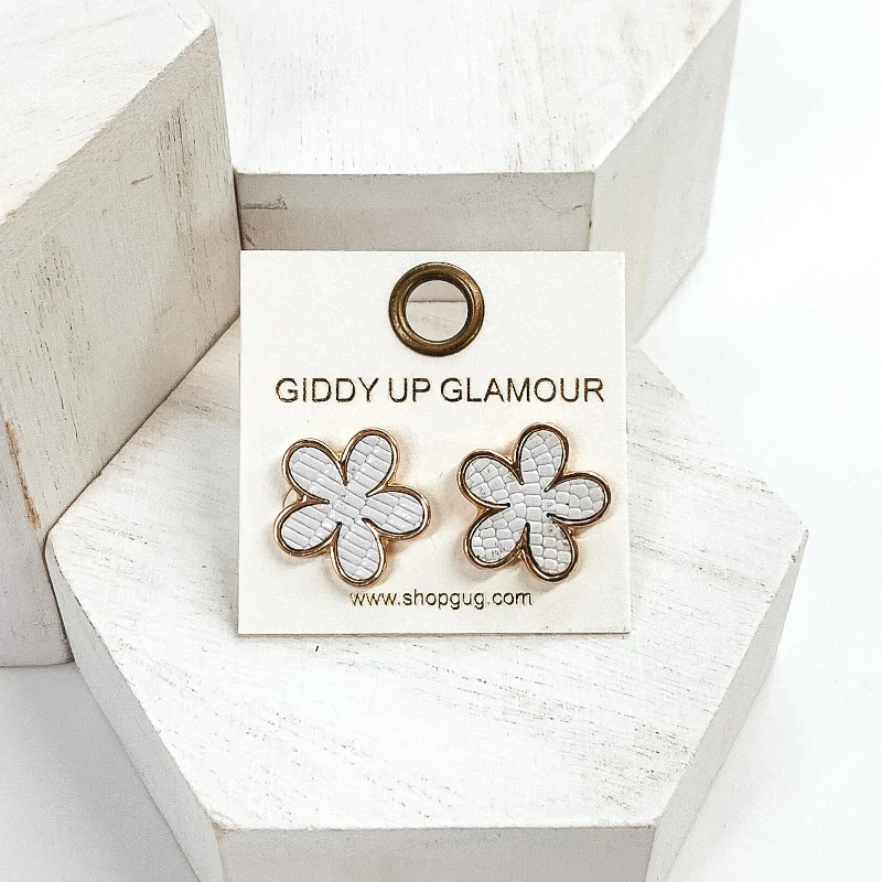 Elegant Gemstone Earrings-Gold Flower Studs in White