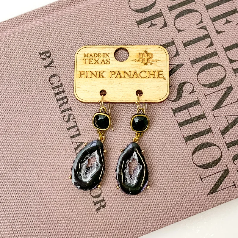 Gold Gemstone Earrings-Pink Panache | Black Cushion Cut Crystal Drop Earrings with Black Open Druzy Charm