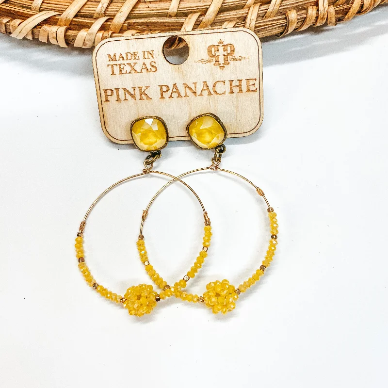 Stylish Drop Earrings-Pink Panache | Yellow and Gold Beaded Knot Hoop Earrings with Cushion Cut Crystals in Yellow