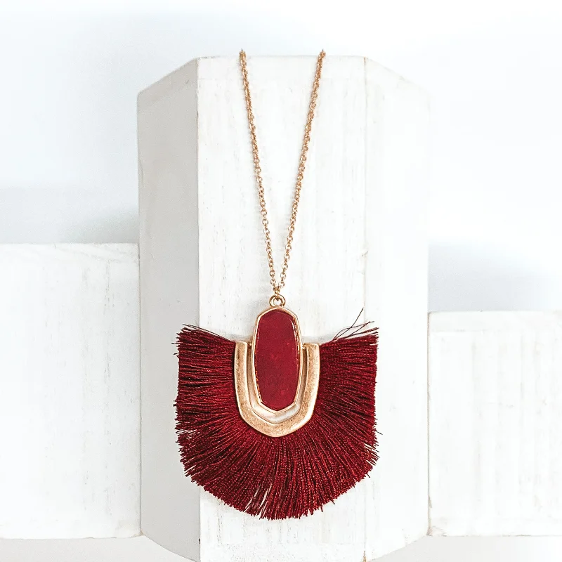 Elegant Gemstone Earrings for Women-Long Gold Chain Necklace with a Semi Precious Oval Pendant and Fringe in Burgundy