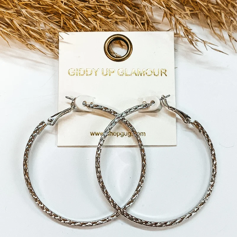 Crystal Drop Earrings-Diamond Textured Hoop Earrings in Silver