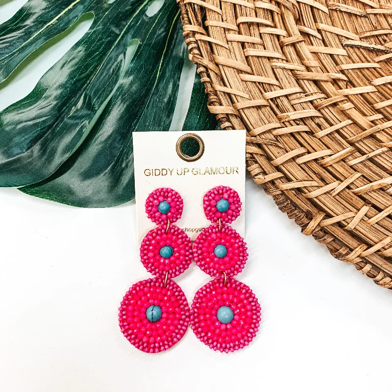 Minimalist Hoop Earrings-Circle Drop Seed Beaded Post Earring in Fuchsia