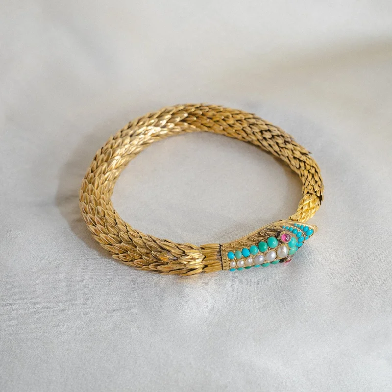 Layered Silver Bracelets for Women-Antique Victorian Snake Bracelet 18k Yellow Gold With Turquoise, Pearl and Garnet Detail