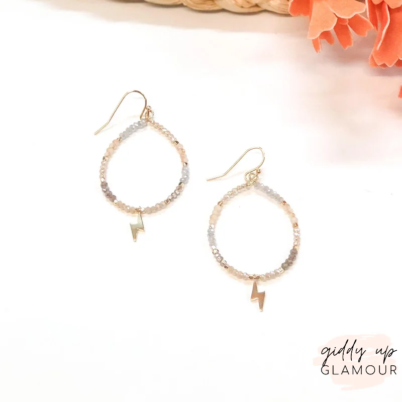 Unique Drop Stud Earrings-Crystal Beaded Hoop Earrings with Gold Lightning Bolts in Neutral