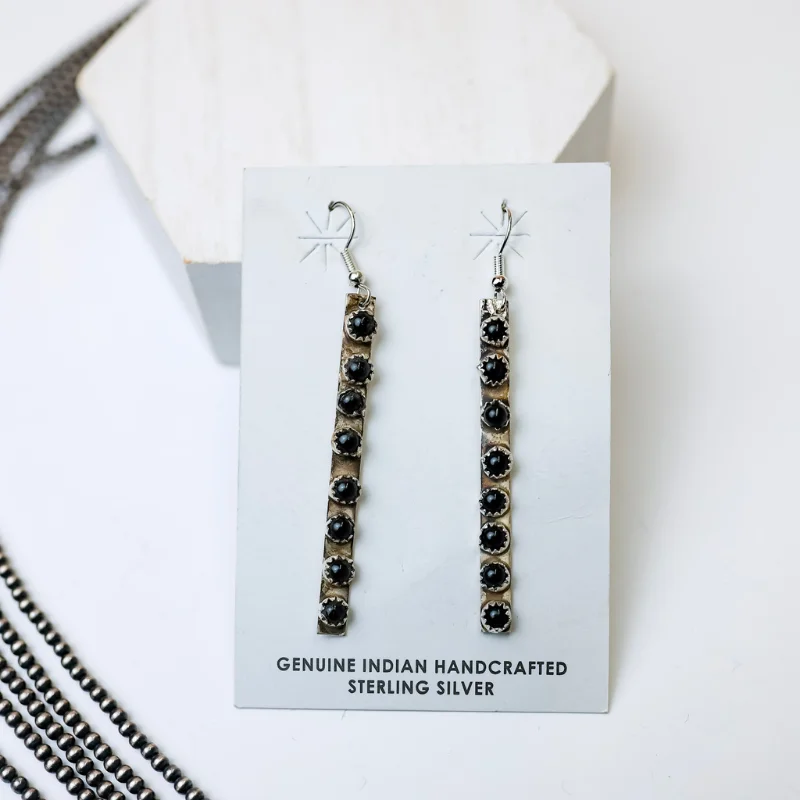 Sparkling Gemstone Drop Earrings for Women-Rick Enriquez | Navajo Handmade Sterling Silver Drop Earrings with Black Onyx Stones