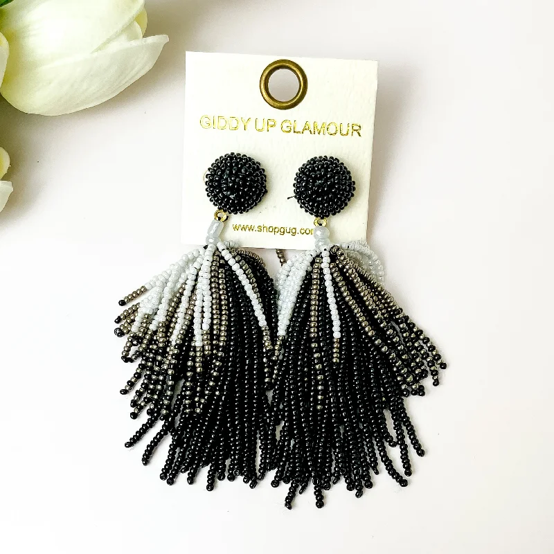 Designer Crystal Hoop Earrings-Beaded Tassel Earrings in Black, White, and Silver Tone