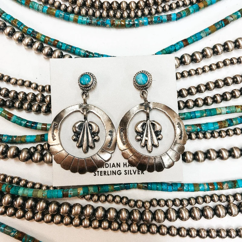 Trendy Crystal Hoop Earrings-Annie Spencer | Navajo Handmade Sterling Silver Circle Dangle Earrings with Kingman Turquoise Post