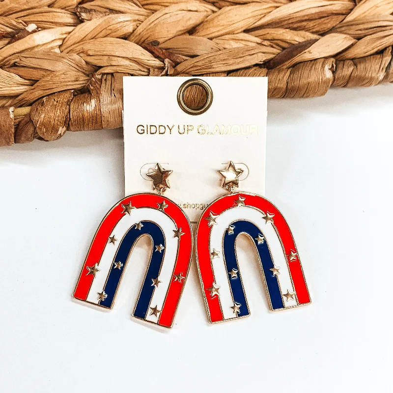 Simple Hoop Earrings-Arch Post Earrings with Gold Stars and Red, White, Blue Stripes