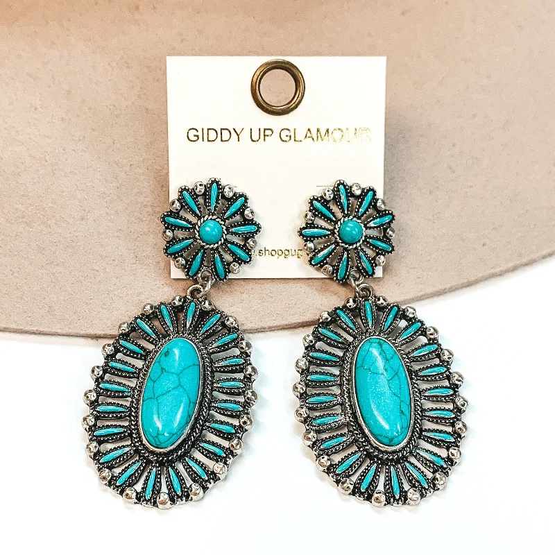 Modern Drop Earrings-Oval Cluster Drop Earrings with Large Center Stone in Turquoise