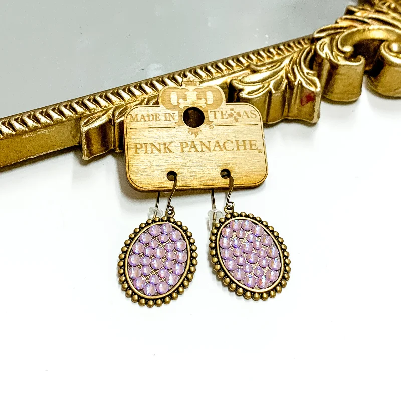 Personalized Crystal Earrings-Pink Panache | Small Bronze Tone Oval Earrings with Lavender Crystals