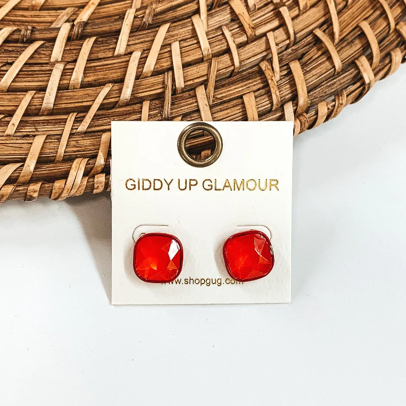 Luxury Gold Earrings-Square Stud Earrings with Crystals in Red