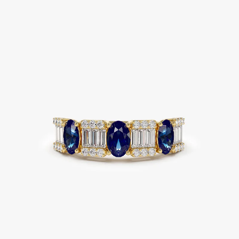 Fashionable Engagement Ring Designs-14K Baguette & Round Diamond with Genuine Sapphire Ring