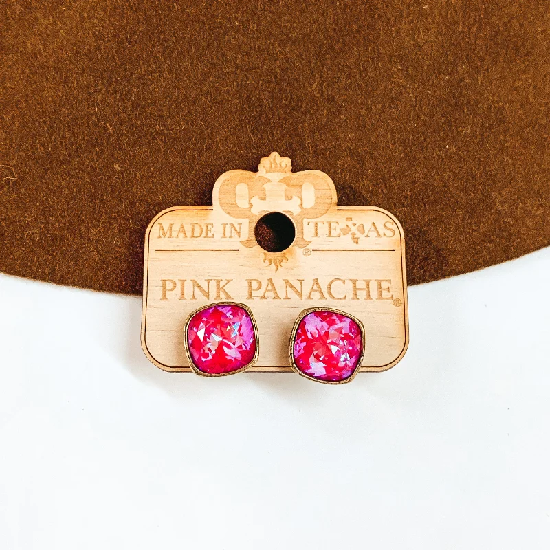 Trendy Drop Stud Earrings for Women-Pink Panache | Bronze Stud Earrings with Cushion Cut Crystals in Royal Red Delight