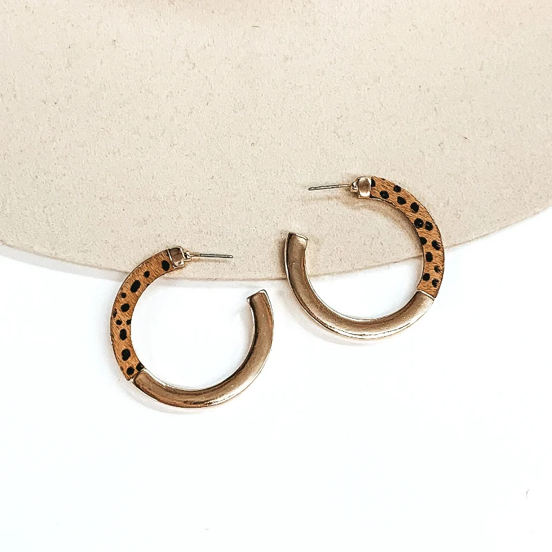 Elegant Drop Stud Earrings-Gold Flat Hoop Earrings with Half Black Cheetah Print in Tan