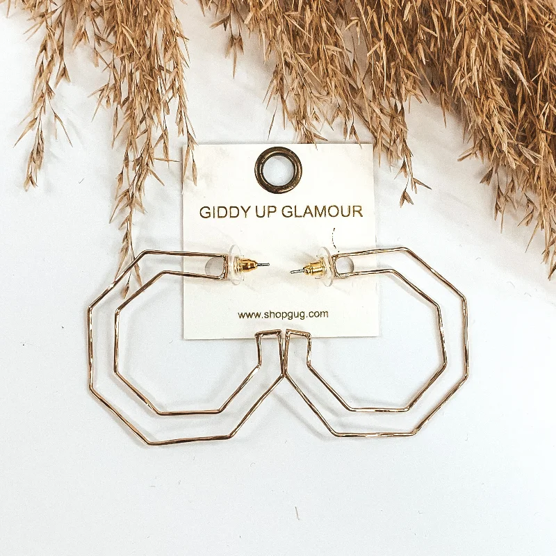 Classic Drop Earrings-Hexagon Outline Hoops in Gold