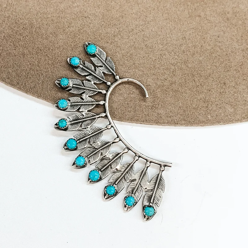 Silver and Gold Hoop Earrings-Navajo | Navajo Handmade Sterling Silver 11 Feather Right Ear Cuff with Turquoise Stones