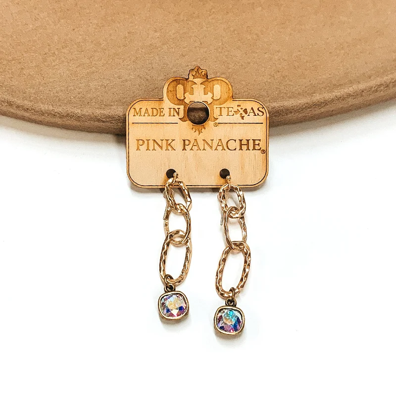 Handcrafted Drop Gemstone Earrings-Pink Panache | AB Cushion Cut Drop on Worn, Hammered Chain Link Earring in Gold