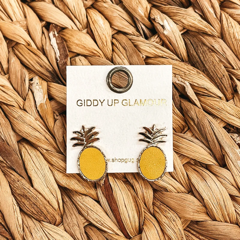 Colorful Drop Stud Earrings-Coasting Through Gold Pineapple Post Earrings with Faux Leather in Yellow