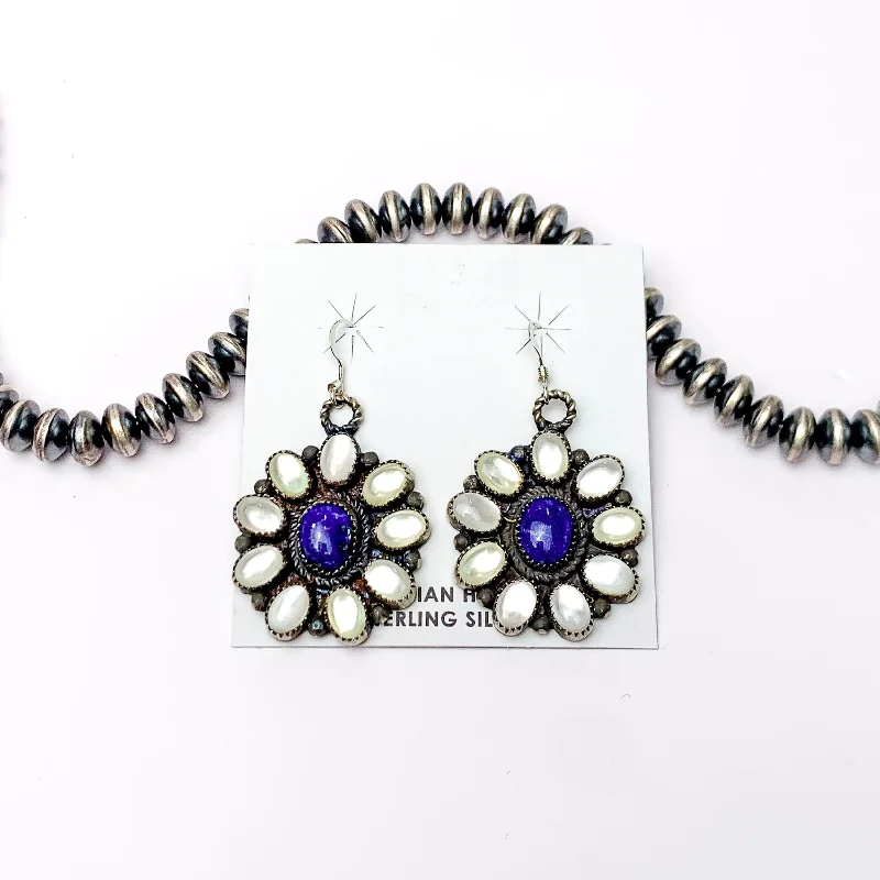 Crystal Drop Earrings for Women-Daniel Benally | Navajo Handmade Sterling Silver Flower Dangling Cluster Earrings with White Water Pearl and Dark Lapis Stones