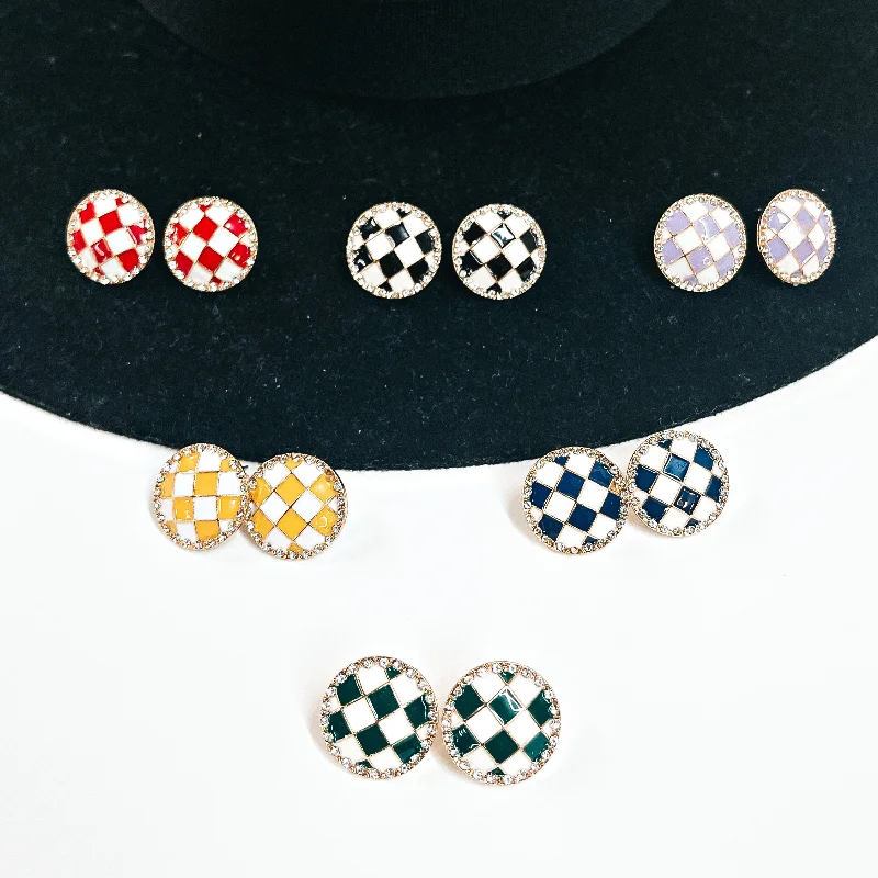 Simple Hoop Earrings for Women-Buy 3 for $10 | Checkered Plaid Stud Earrings with Crystals in Gold Tone