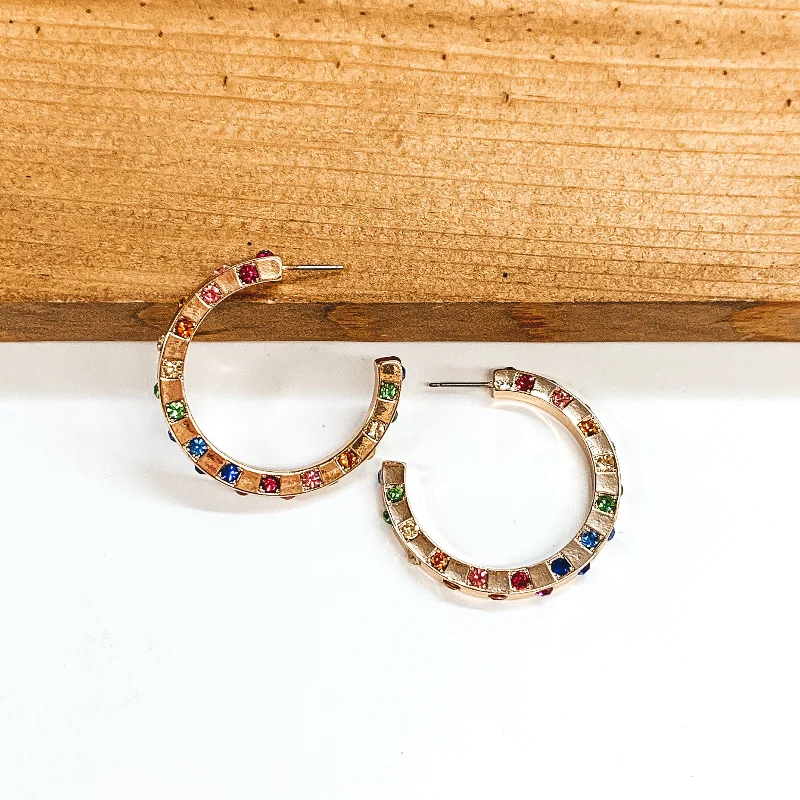 Sparkling Drop Earrings-Hoop Earrings with Multicolored Crystals in Gold