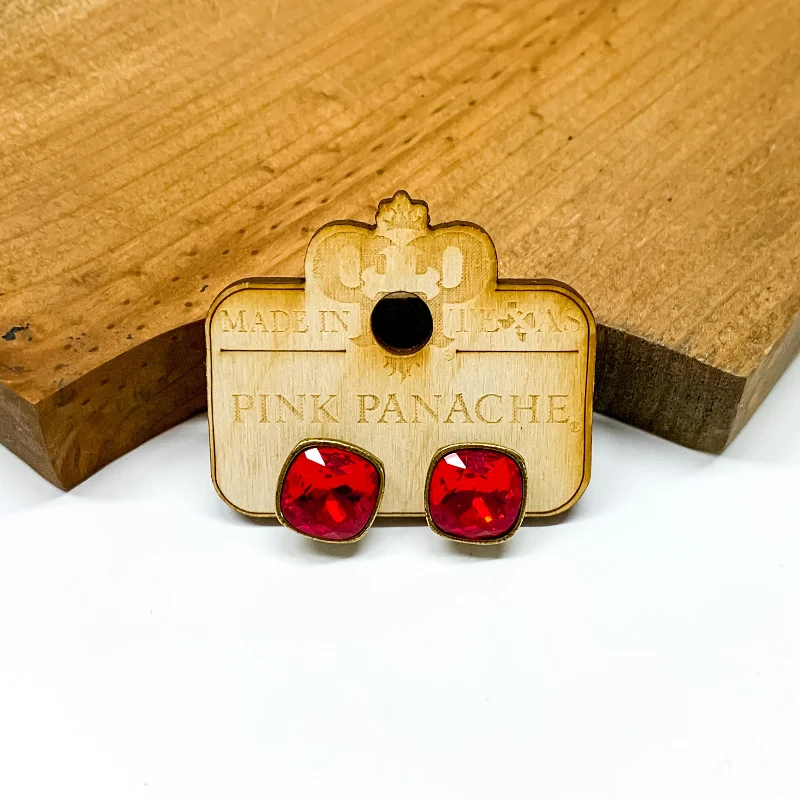 Stylish Drop Earrings for Women-Pink Panache | Bronze Stud Earrings with Cushion Cut Crystals in Red