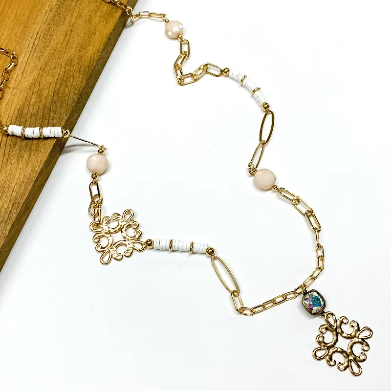 Trendy Drop Earrings for Women-Pink Panache | Long Gold Tone Paperclip Chain and White Beaded Necklace with AB Cushion Cut Crystal and Gold Tone Quatrefoil Drop