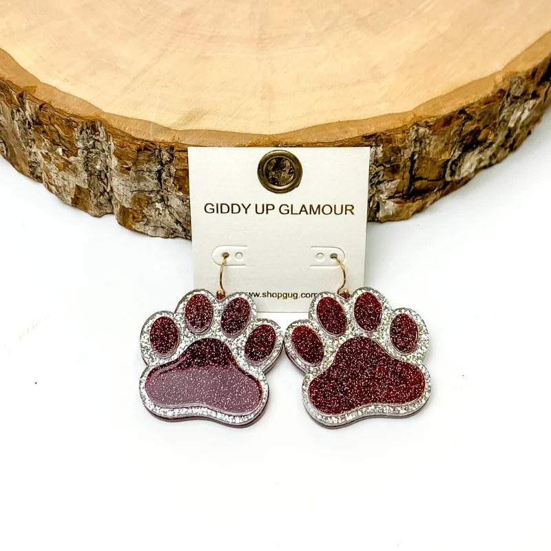 Colorful Drop Earrings for Women-Glitter Paw Print Earrings in Maroon with Silver Glitter Outlining