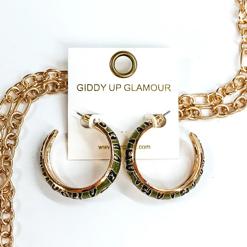 Luxury Designer Earrings for Women-Large Gold Hoop Earrings with Black Leopard Print in Olive