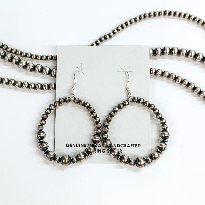 Elegant Drop Gemstone Earrings-Mason Lee | Navajo Handmade Sterling Silver Graduated Navajo Pearl Beaded Hoop Earrings with Tiny Saucer Bead Spacers