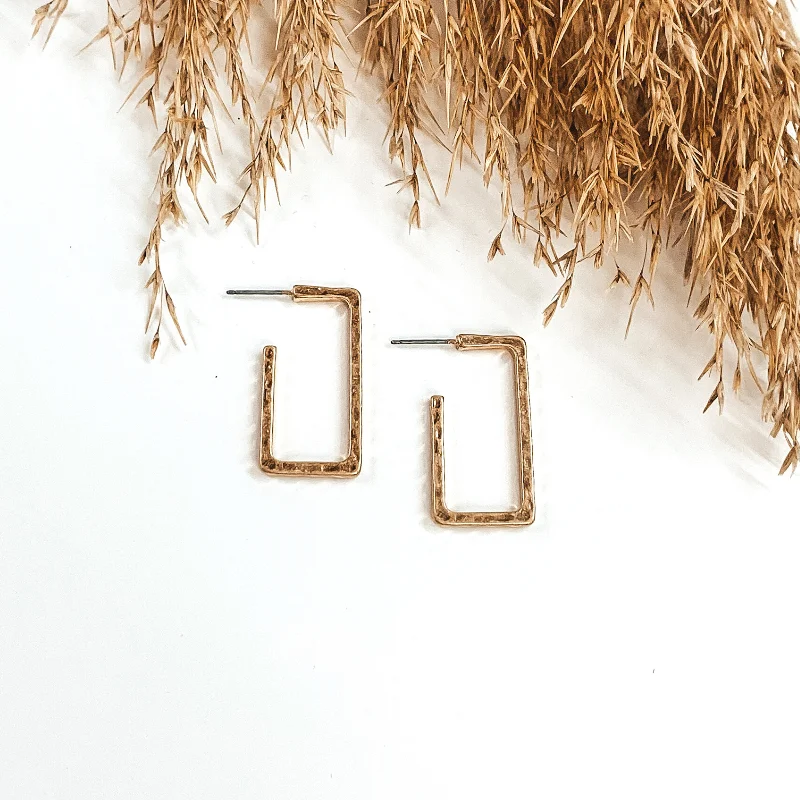 Custom Silver Drop Earrings-Small Hammered Rectangle Hoops in Gold