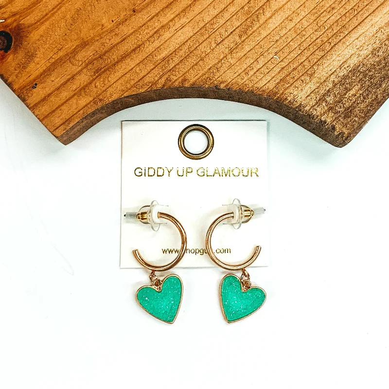 Trendy Drop Hoop Earrings-Gold Hoops with Druzy Heart Dangle in Mint