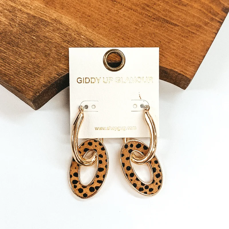 Modern Hoop Earrings for Women-Double Linked Oval Hoop Earrings in Brown Dotted Print