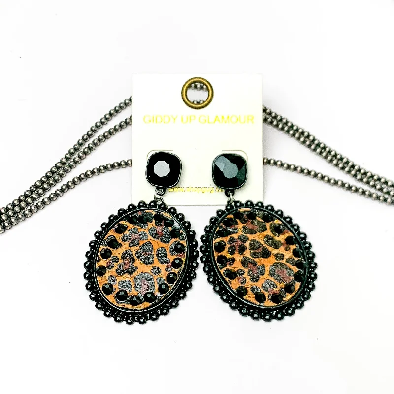 Sparkling Gemstone Earrings-Black Crystal Post Black Oval Earrings with Leopard Print Inlay and Black Crystal Outline