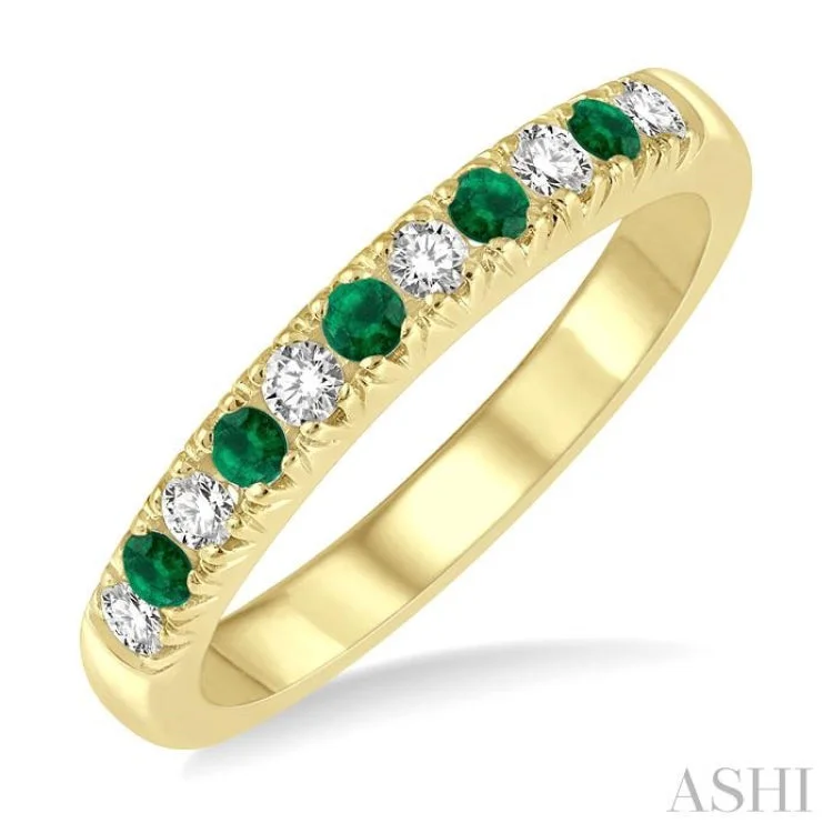 Fashionable Engagement Ring Designs-1/5 ctw Round Cut Diamond and 2MM Emerald Precious Wedding Band in 14K Yellow Gold